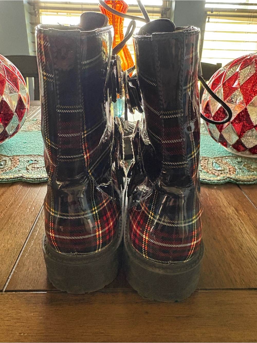 Jessica Simpson Red Plaid Combat Boots with Rhinestone Buckles - Picture 4 of 7